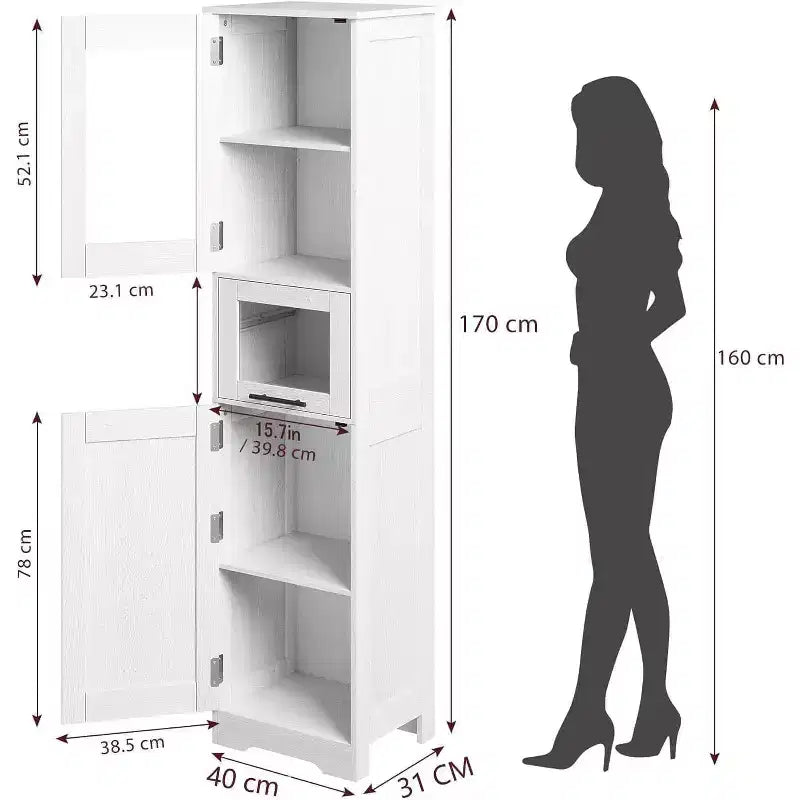 Rovere Bianco / Mobile Alto Contenitore Colore Retrò con Ante in Vetro, Ripiani Regolabili e Cassetto – Uso per 1 Persona