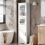 Rovere Bianco / Mobile Alto Contenitore Colore Retrò con Ante in Vetro, Ripiani Regolabili e Cassetto – Uso per 1 Persona