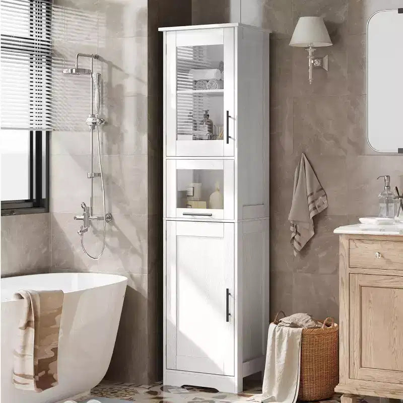 Rovere Bianco / Mobile Alto Contenitore Colore Retrò con Ante in Vetro, Ripiani Regolabili e Cassetto – Uso per 1 Persona