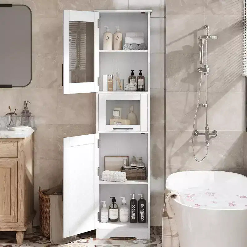 Rovere Bianco / Mobile Alto Contenitore Colore Retrò con Ante in Vetro, Ripiani Regolabili e Cassetto – Uso per 1 Persona