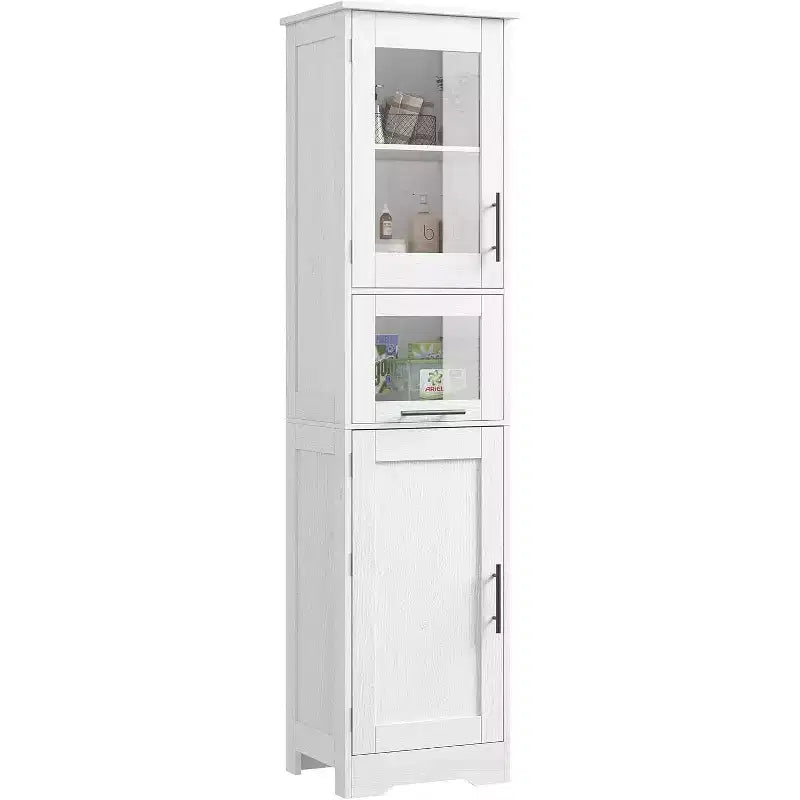 Rovere Bianco / Mobile Alto Contenitore Colore Retrò con Ante in Vetro, Ripiani Regolabili e Cassetto – Uso per 1 Persona