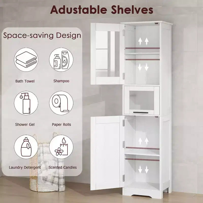Rovere Bianco / Mobile Alto Contenitore Colore Retrò con Ante in Vetro, Ripiani Regolabili e Cassetto – Uso per 1 Persona