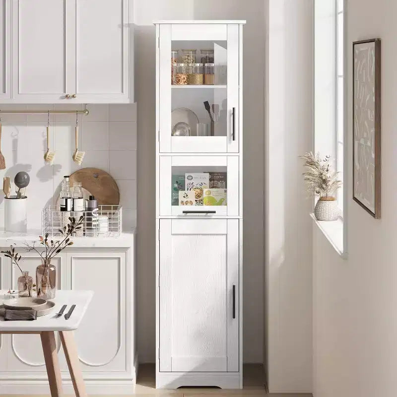 Rovere Bianco / Mobile Alto Contenitore Colore Retrò con Ante in Vetro, Ripiani Regolabili e Cassetto – Uso per 1 Persona