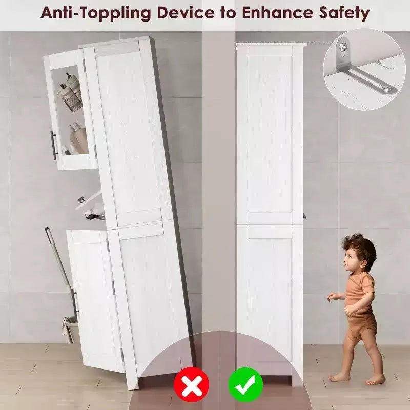 Rovere Bianco / Mobile Alto Contenitore Colore Retrò con Ante in Vetro, Ripiani Regolabili e Cassetto – Uso per 1 Persona