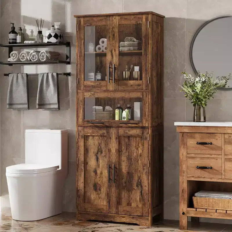 Rovere Bianco / Mobile Alto Contenitore Colore Retrò con Ante in Vetro, Ripiani Regolabili e Cassetto – Uso per 1 Persona