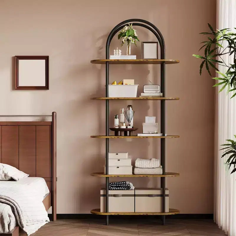 Libreria ad arco a 5 ripiani, industriale a scaffale aperto, singola, colore Nero e Grigio / Nero e Retrò / Oro e Bianco