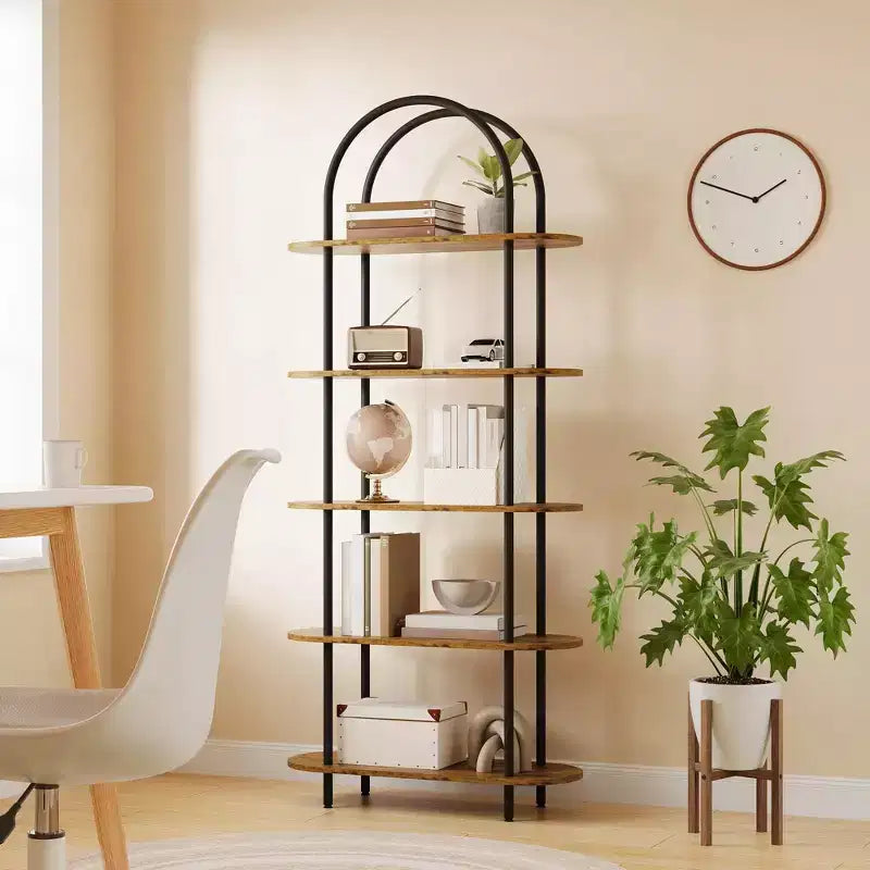 Libreria ad arco a 5 ripiani, industriale a scaffale aperto, singola, colore Nero e Grigio / Nero e Retrò / Oro e Bianco