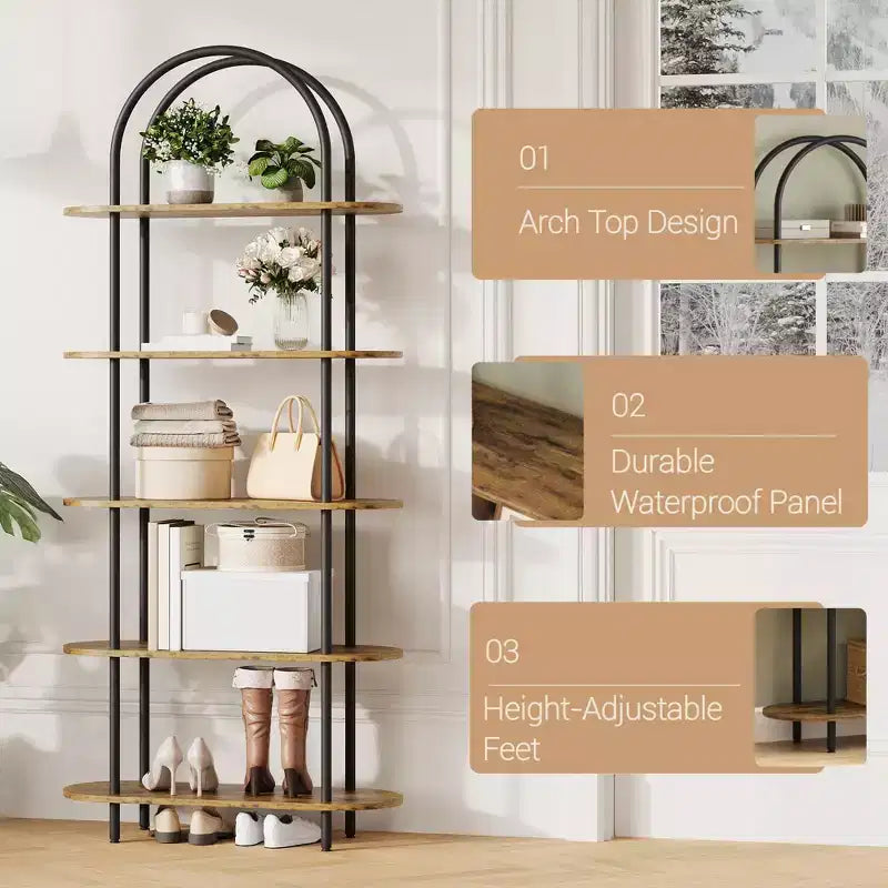 Libreria ad arco a 5 ripiani, industriale a scaffale aperto, singola, colore Nero e Grigio / Nero e Retrò / Oro e Bianco