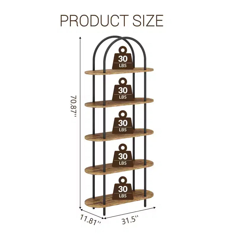 Libreria ad arco a 5 ripiani, industriale a scaffale aperto, singola, colore Nero e Grigio / Nero e Retrò / Oro e Bianco