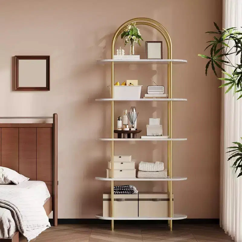 Libreria ad arco a 5 ripiani, industriale a scaffale aperto, singola, colore Nero e Grigio / Nero e Retrò / Oro e Bianco