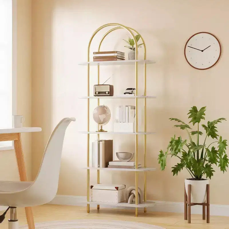 Libreria ad arco a 5 ripiani, industriale a scaffale aperto, singola, colore Nero e Grigio / Nero e Retrò / Oro e Bianco
