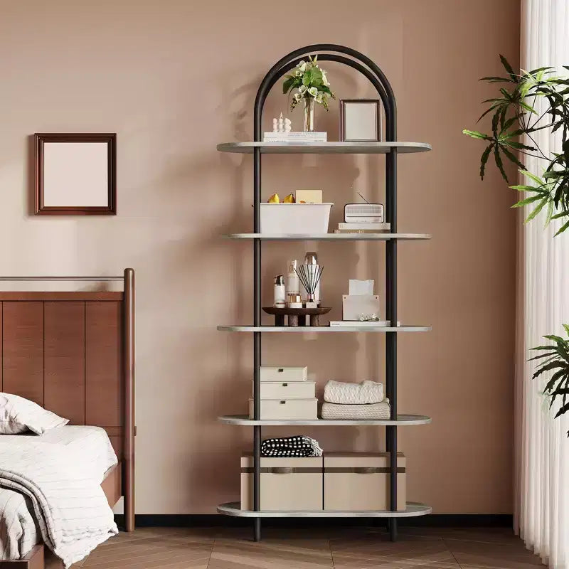 Libreria ad arco a 5 ripiani, industriale a scaffale aperto, singola, colore Nero e Grigio / Nero e Retrò / Oro e Bianco