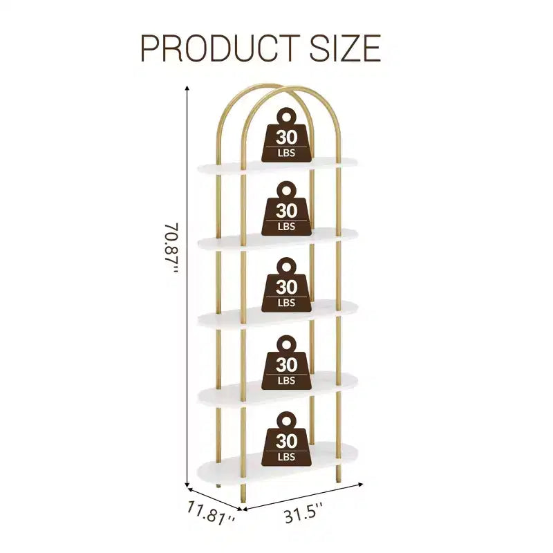Libreria ad arco a 5 ripiani, industriale a scaffale aperto, singola, colore Nero e Grigio / Nero e Retrò / Oro e Bianco