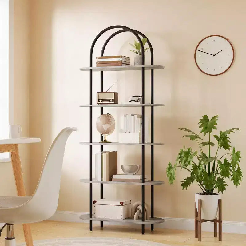 Libreria ad arco a 5 ripiani, industriale a scaffale aperto, singola, colore Nero e Grigio / Nero e Retrò / Oro e Bianco