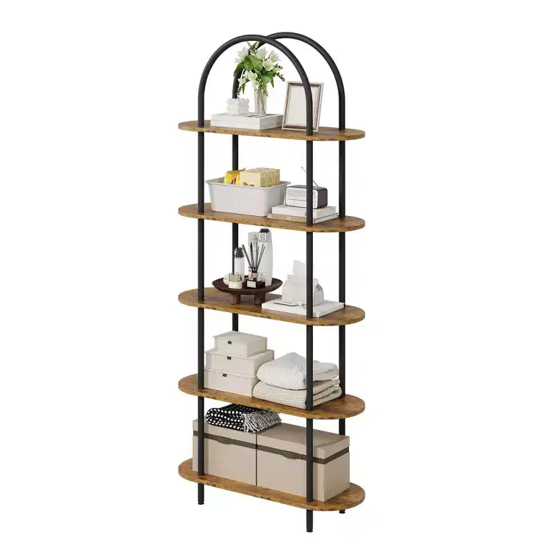 Libreria ad arco a 5 ripiani, industriale a scaffale aperto, singola, colore Nero e Grigio / Nero e Retrò / Oro e Bianco