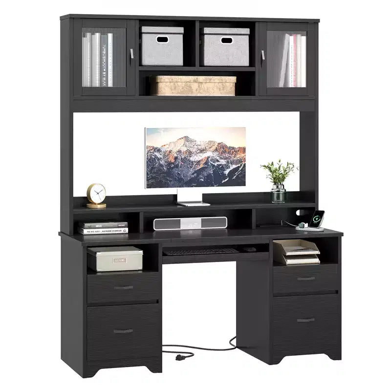 Scrivania a L con penisola, struttura nera goffrata, bianco e nero, con LED, cassetti e stazione di ricarica, per una persona