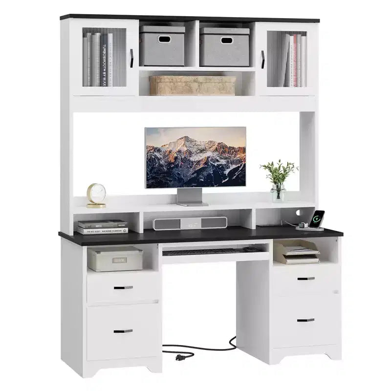 Scrivania a L con penisola, struttura nera goffrata, bianco e nero, con LED, cassetti e stazione di ricarica, per una persona