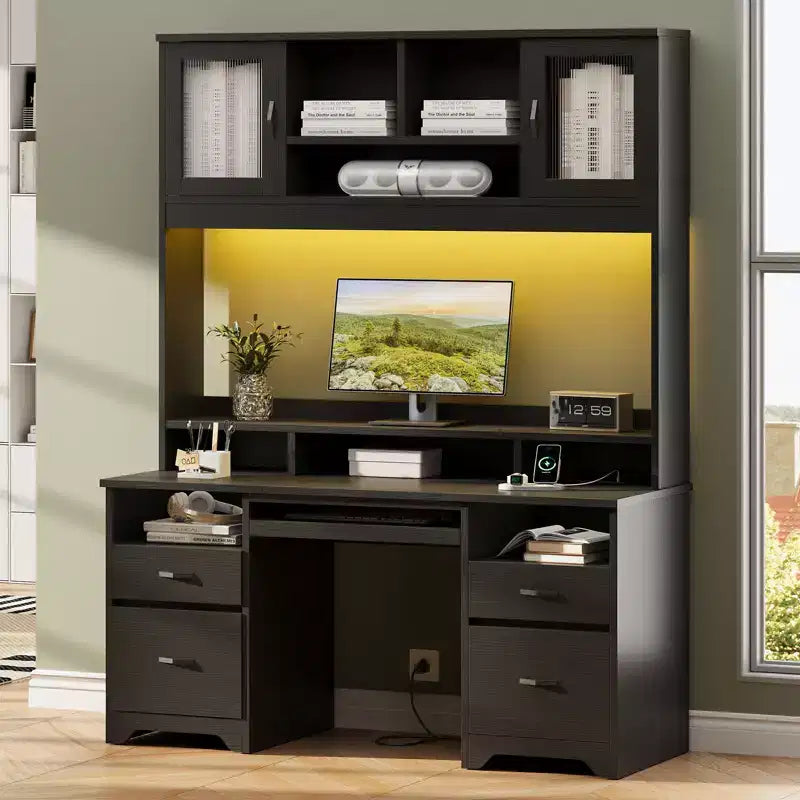 Bestier Executive Hutch Desk with Drawers & Charge Station, 78 H Office Desk LED Modern Wood Computer Desk with Cabinet & Keyboard Tray