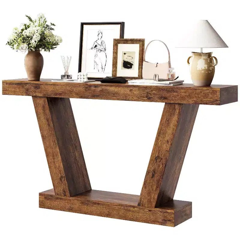 Extra-Long 2-Tier Farmhouse Console Sofa Table  Minimalist Design, Narrow Entryway Accent, Stable Base, Easy Assembly, Wood Grain Finish