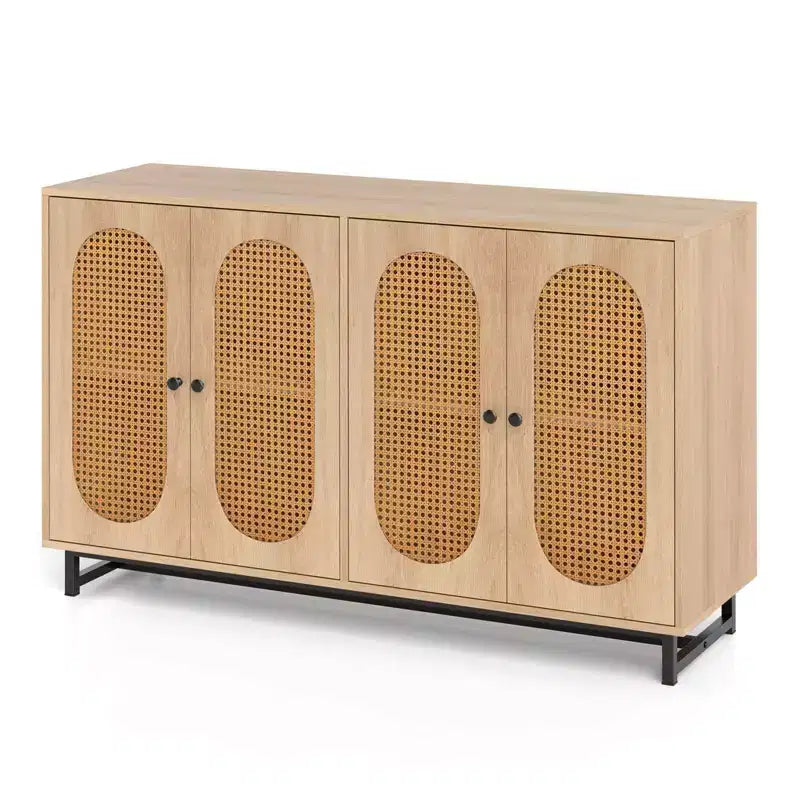 Credenza a buffet in Rattan Naturale, Mobile contenitore a 4 ante con ripiani regolabili e gambe in metallo