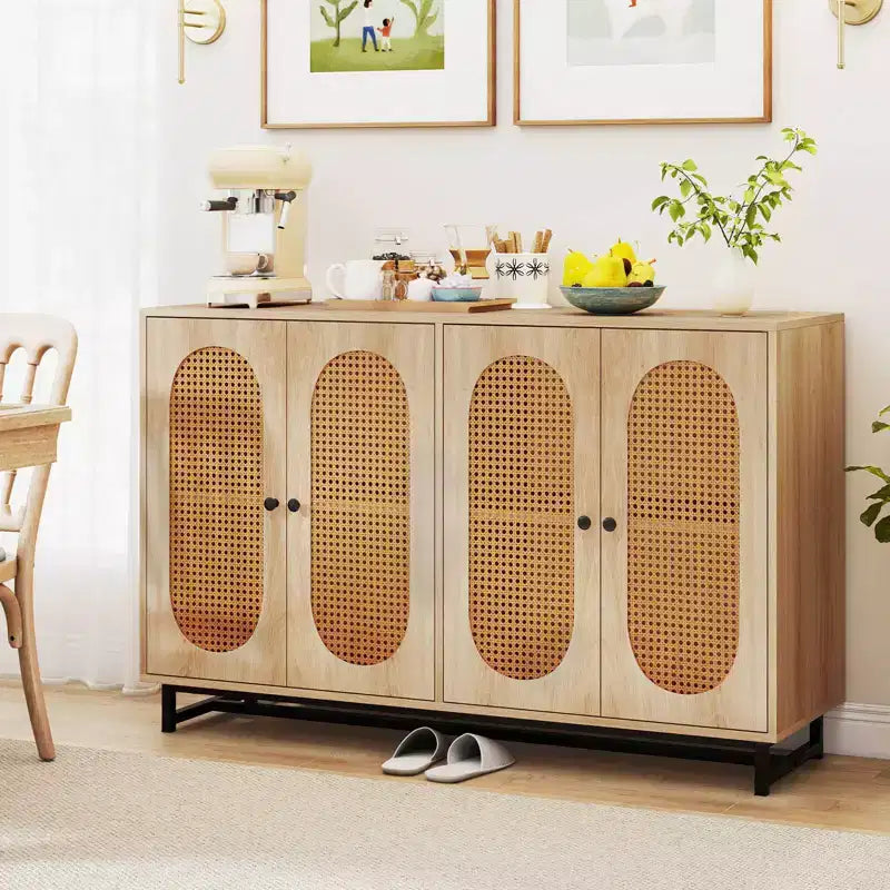 Credenza a buffet in Rattan Naturale, Mobile contenitore a 4 ante con ripiani regolabili e gambe in metallo