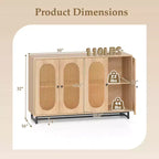 Credenza a buffet in Rattan Naturale, Mobile contenitore a 4 ante con ripiani regolabili e gambe in metallo