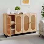 Credenza a buffet in Rattan Naturale, Mobile contenitore a 4 ante con ripiani regolabili e gambe in metallo