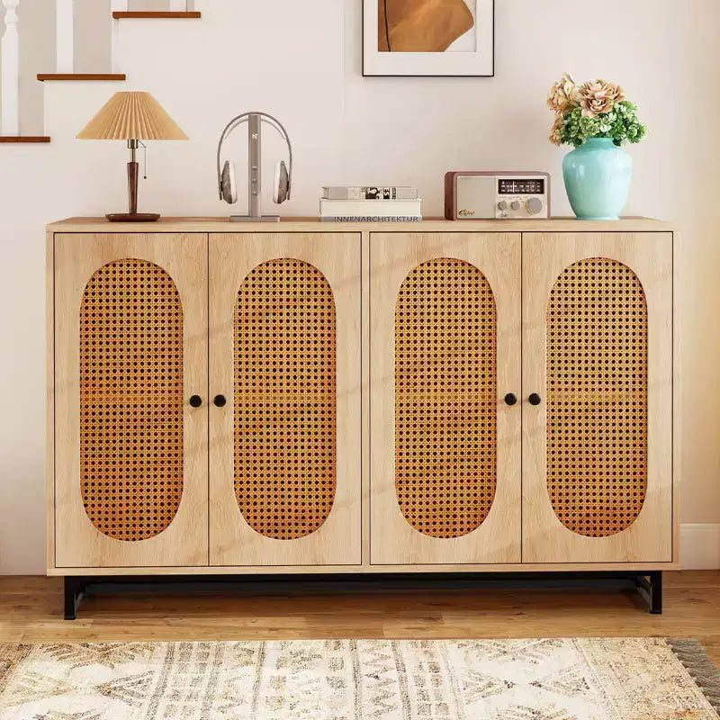 Credenza a buffet in Rattan Naturale, Mobile contenitore a 4 ante con ripiani regolabili e gambe in metallo