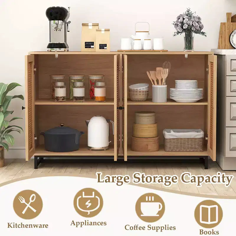 Credenza a buffet in Rattan Naturale, Mobile contenitore a 4 ante con ripiani regolabili e gambe in metallo