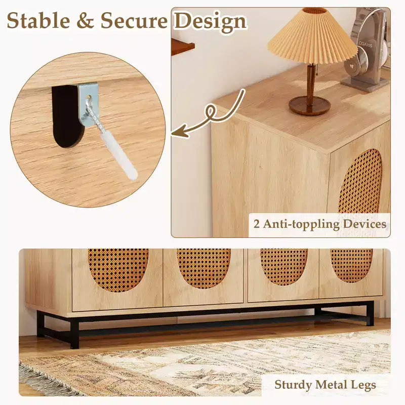 Credenza a buffet in Rattan Naturale, Mobile contenitore a 4 ante con ripiani regolabili e gambe in metallo