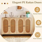 Credenza a buffet in Rattan Naturale, Mobile contenitore a 4 ante con ripiani regolabili e gambe in metallo
