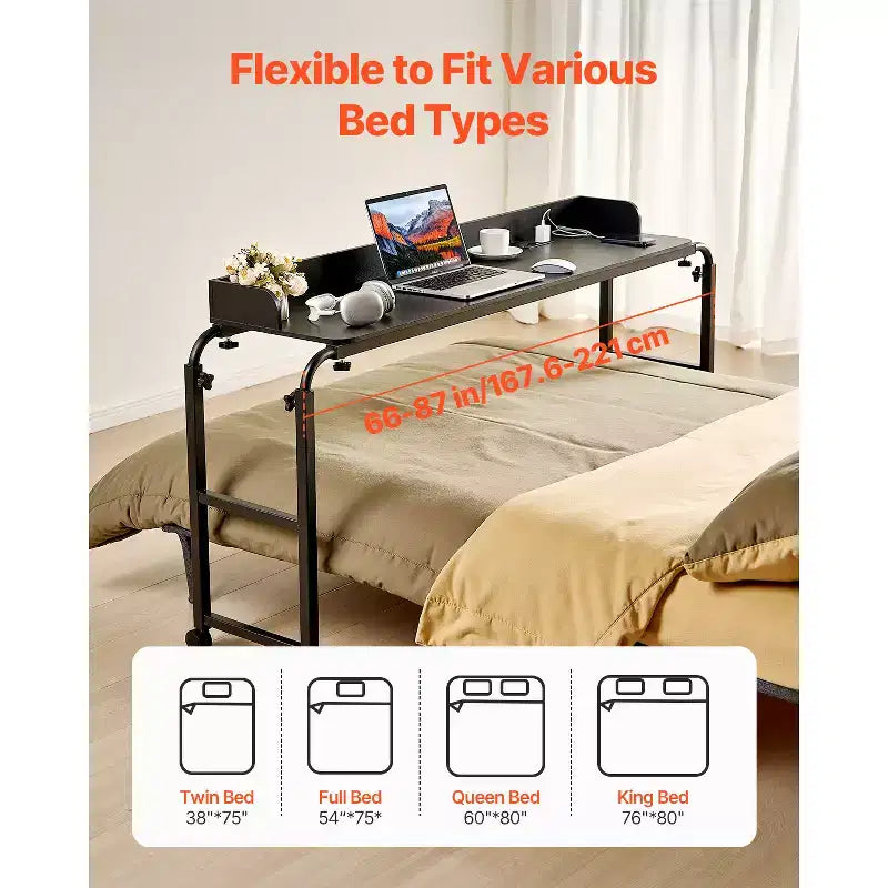 Scrivania con ruote regolabile per letto con ciabatta elettrica, Nera, Singola