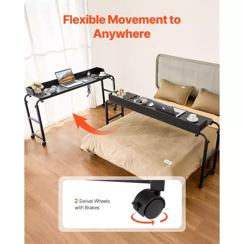 Scrivania con ruote regolabile per letto con ciabatta elettrica, Nera, Singola