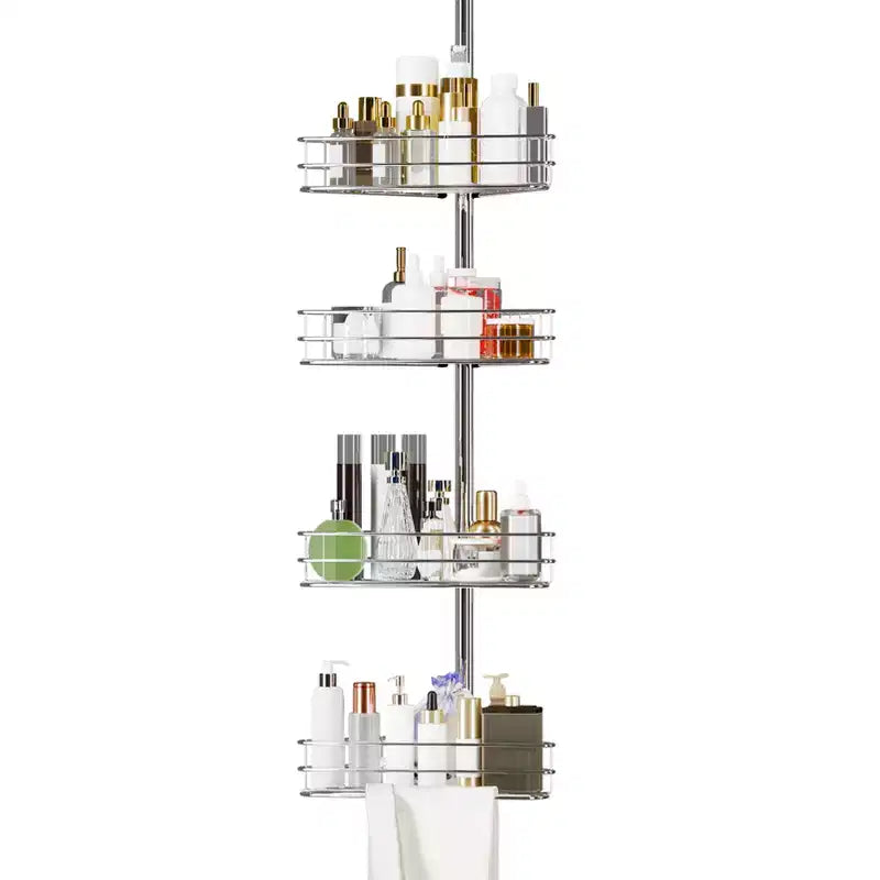 Adjustable Shower Corner for Bathroom, 4-Tier Rustproof Bathroom Organizer Shelves with Pole, Floor Standing Bath Rack for Bathtub Shampoo Storage