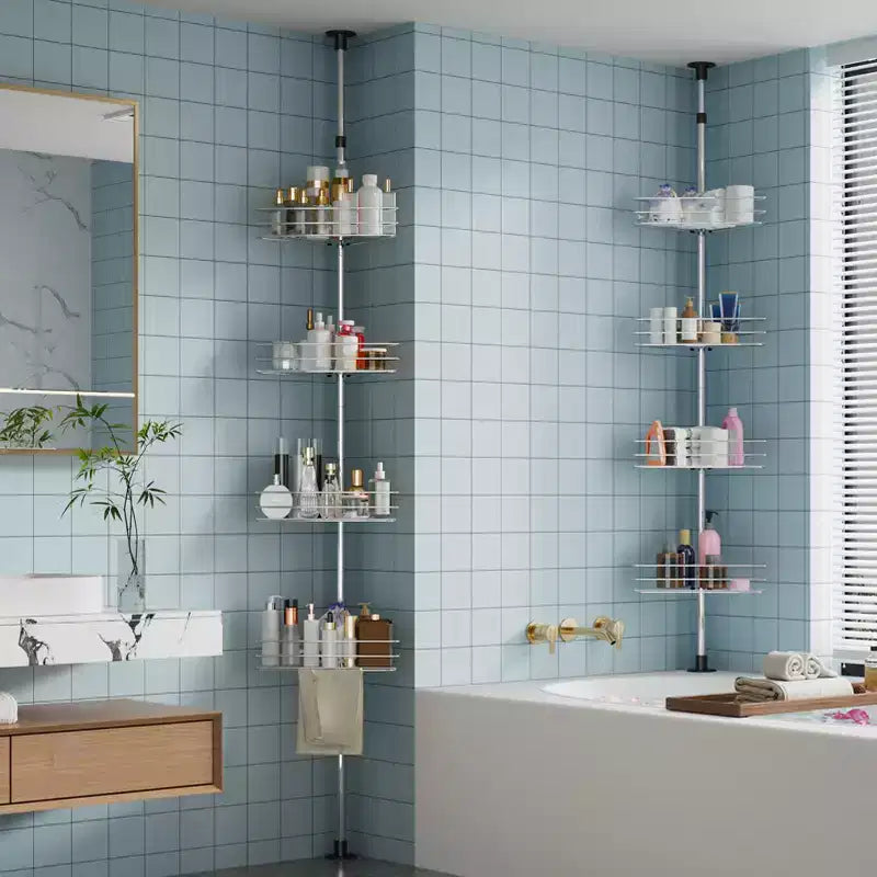 Mensola angolare da doccia a 4 ripiani nera con palo a tensione, monoposto