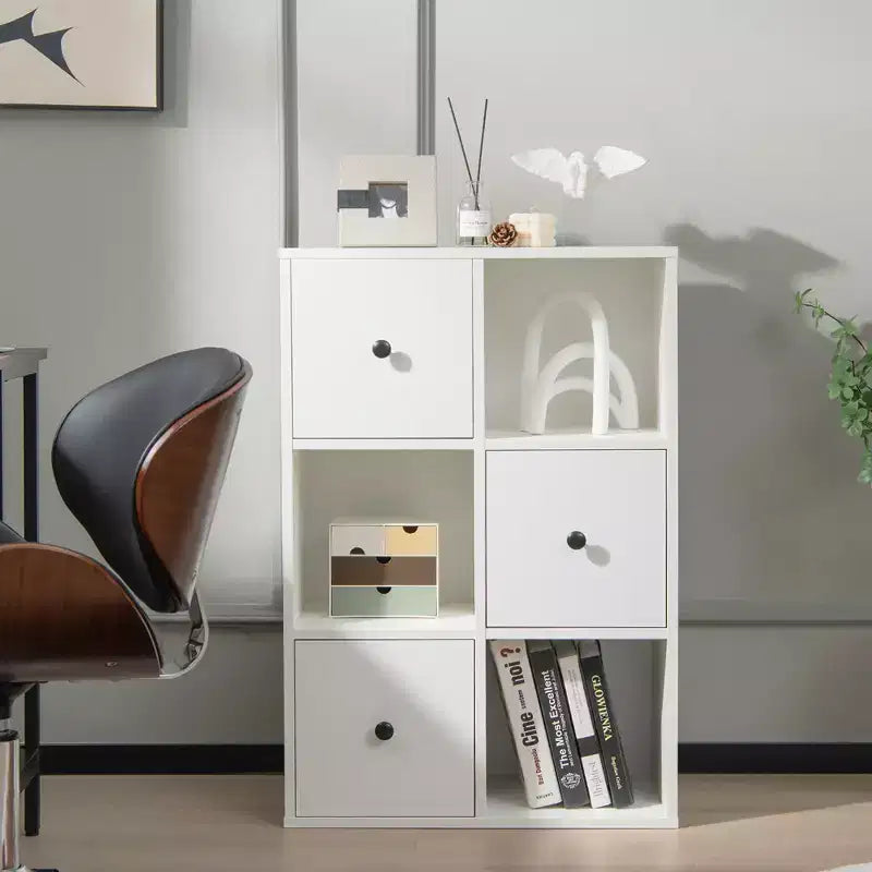 Libreria a 6 scomparti con 3 cubi aperti e 3 cassetti, Bianco/Marrone rustico, Montaggio per 1 persona