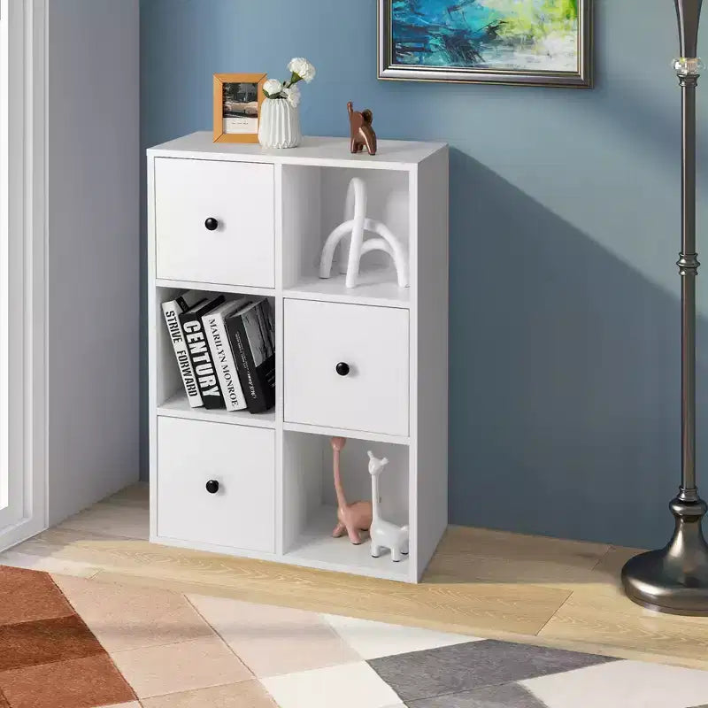 Libreria a 6 scomparti con 3 cubi aperti e 3 cassetti, Bianco/Marrone rustico, Montaggio per 1 persona