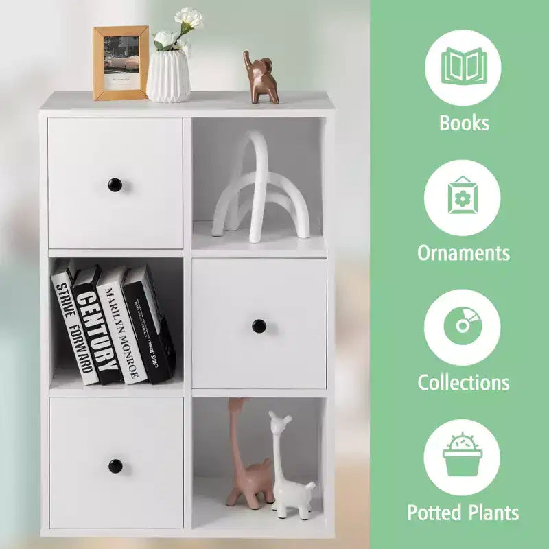 Libreria a 6 scomparti con 3 cubi aperti e 3 cassetti, Bianco/Marrone rustico, Montaggio per 1 persona