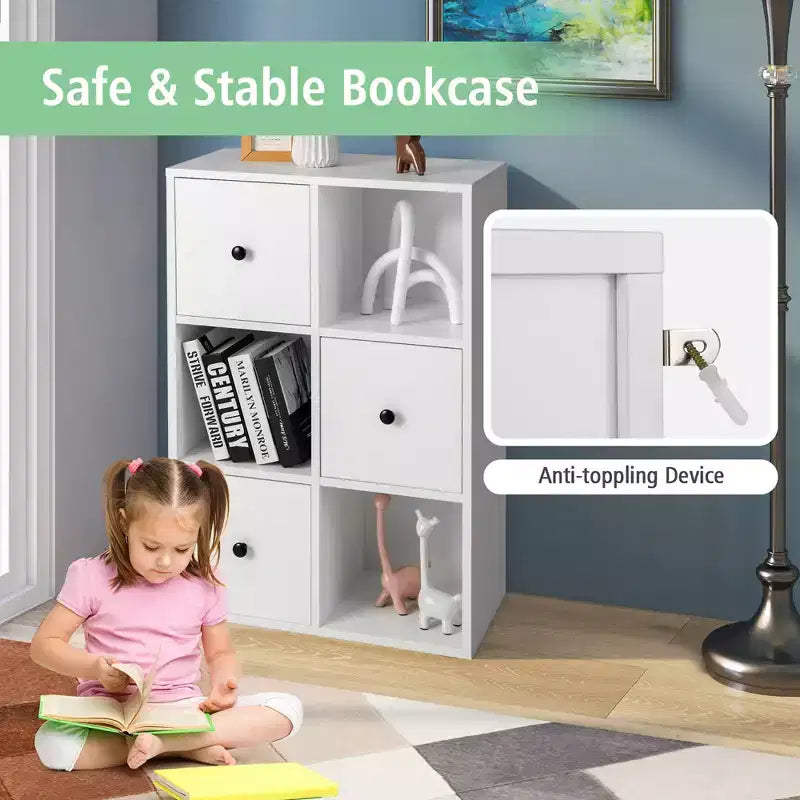 Libreria a 6 scomparti con 3 cubi aperti e 3 cassetti, Bianco/Marrone rustico, Montaggio per 1 persona