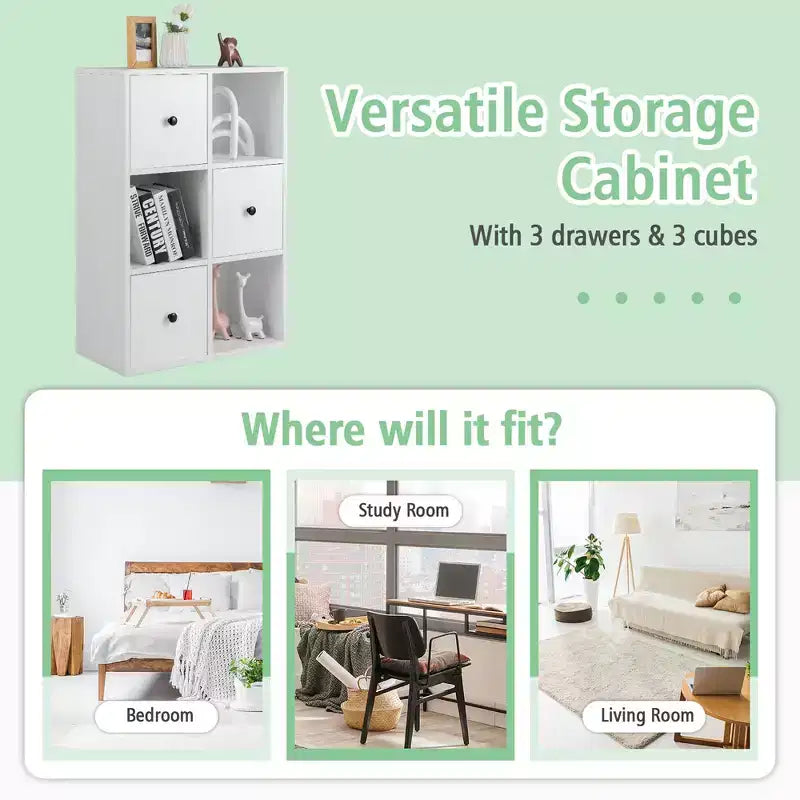 Libreria a 6 scomparti con 3 cubi aperti e 3 cassetti, Bianco/Marrone rustico, Montaggio per 1 persona