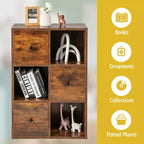 Libreria a 6 scomparti con 3 cubi aperti e 3 cassetti, Bianco/Marrone rustico, Montaggio per 1 persona
