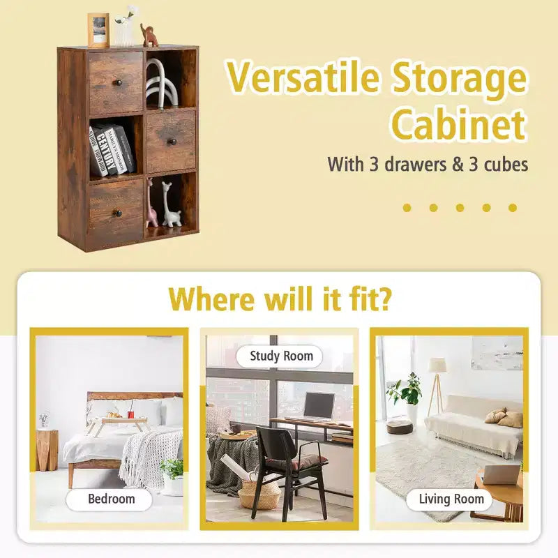 Libreria a 6 scomparti con 3 cubi aperti e 3 cassetti, Bianco/Marrone rustico, Montaggio per 1 persona