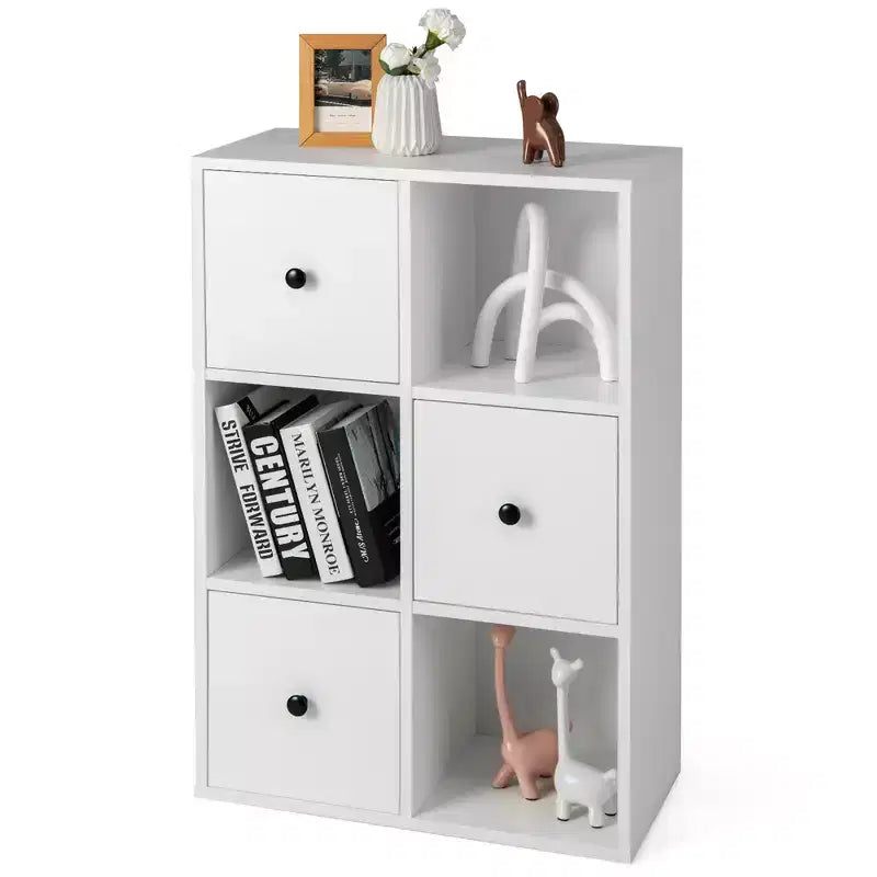 Libreria a 6 scomparti con 3 cubi aperti e 3 cassetti, Bianco/Marrone rustico, Montaggio per 1 persona
