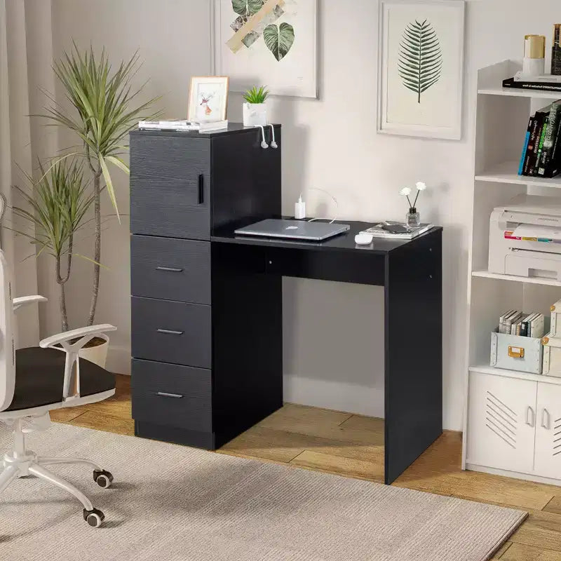 Karl Home 44 Black Office Desk with Cabinet & 3 Drawers Computer Desk Power Outlet and USB Ports