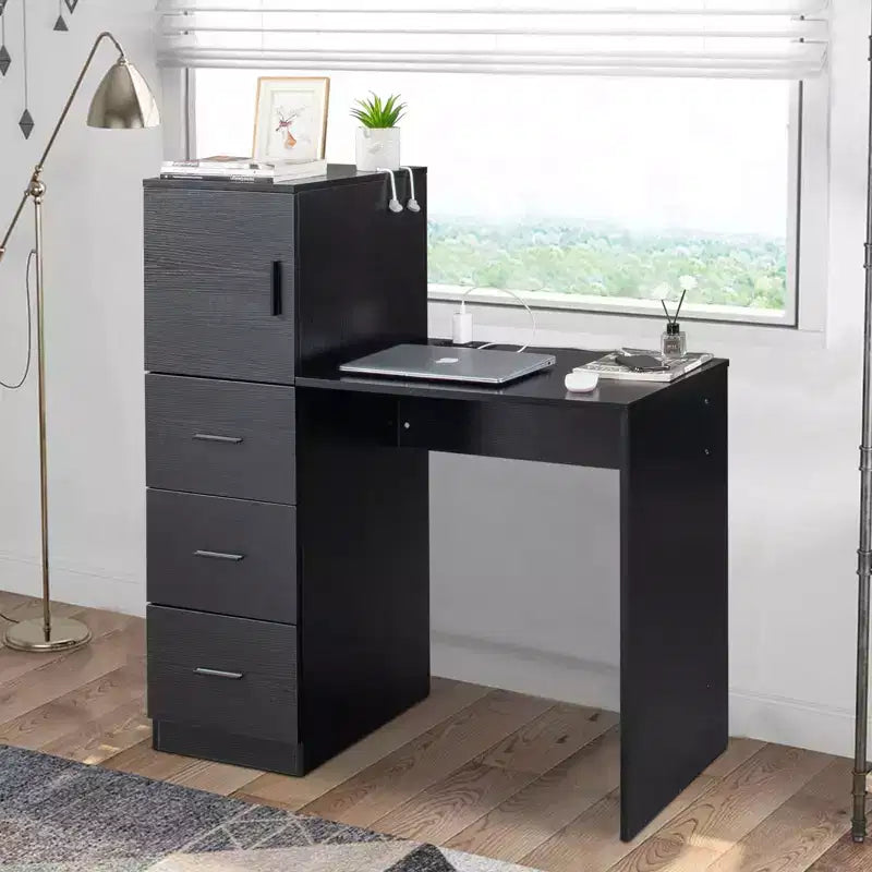 Scrivania per ufficio a casa a L nera con mobile e 3 cassetti, monoposto