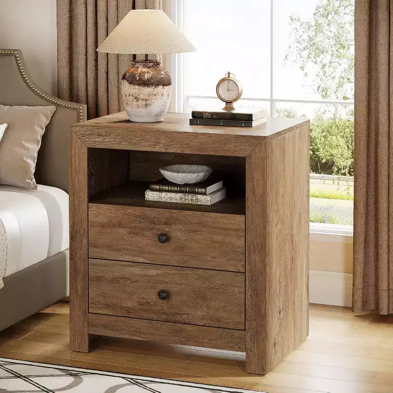 Lantine Farmhouse Nightstand with 2 Storage Drawers, Rustic Night Stand Bed Side Table for Bedroom, End Table for Small Places, Brown