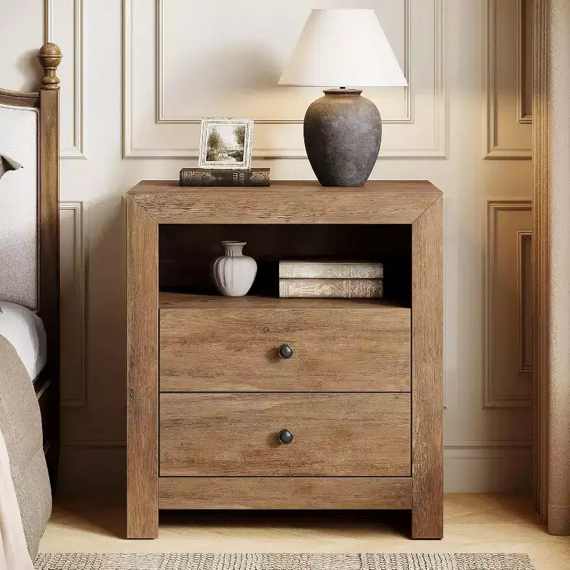 Comodino rustico marrone stile fattoria con 2 cassetti, per 1-2 persone