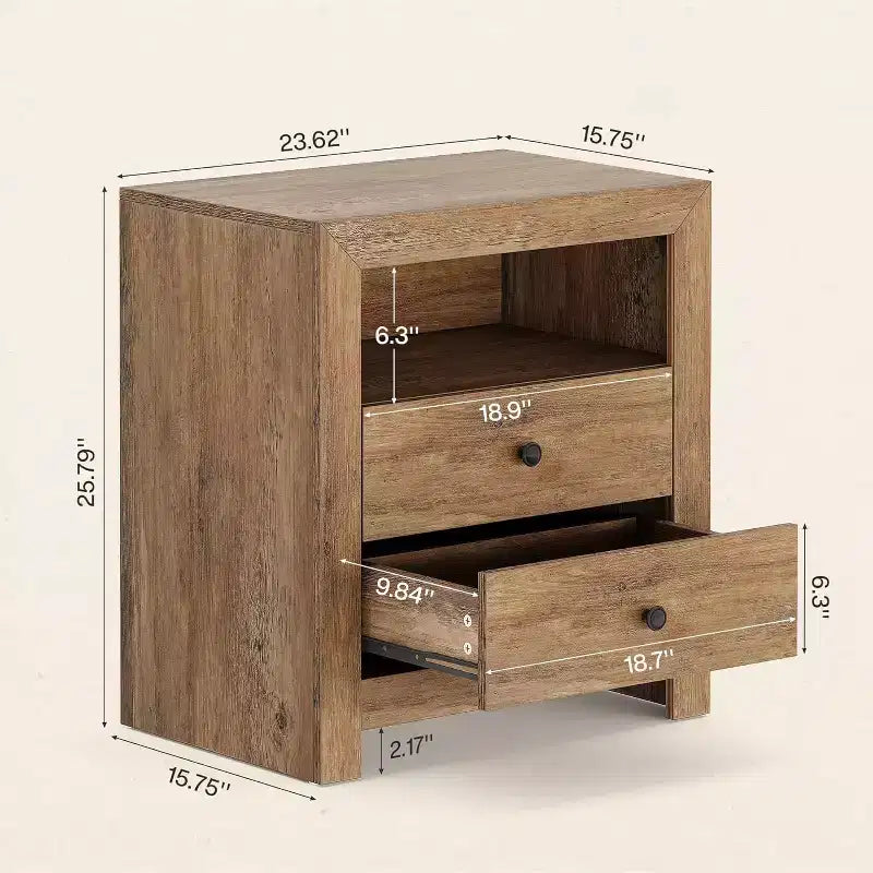 Comodino rustico marrone stile fattoria con 2 cassetti, per 1-2 persone