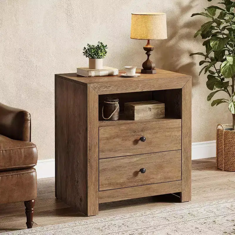 Comodino rustico marrone stile fattoria con 2 cassetti, per 1-2 persone