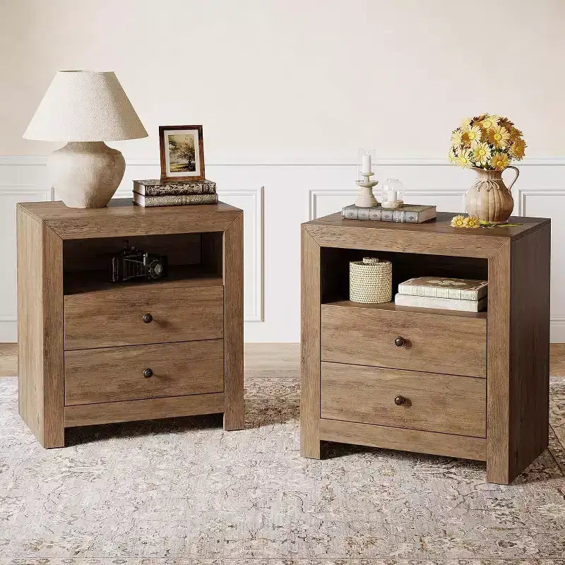Comodino rustico marrone stile fattoria con 2 cassetti, per 1-2 persone
